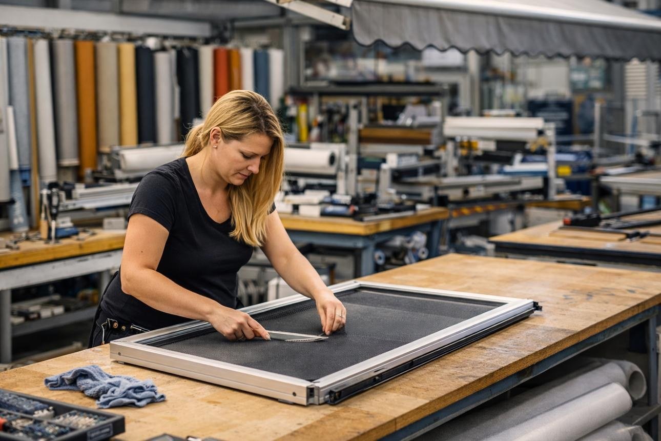 A mosquito screen frame being assembled on the bench
